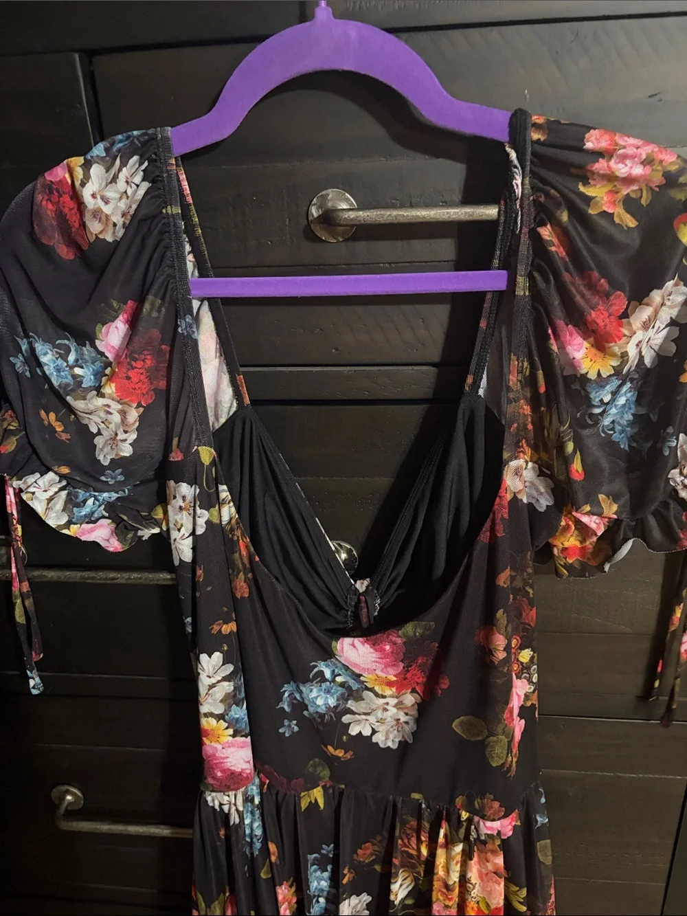 Blackmilk Dark Floral Midi Dress with Ruched Front. #EUC - Picture 5 of 6
